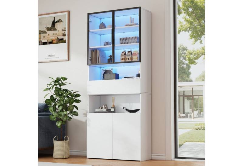 KLAM HOME Vitrine 70*30*200cm Vitrine,Vitrinenschränke Mit Schubladen und Schränken (Glasvitrine mit Glastüren und LED,Bücherschrank,Standvitrine,Weiß) Hochschrank mit Offene Speicherplattform von KLAM HOME