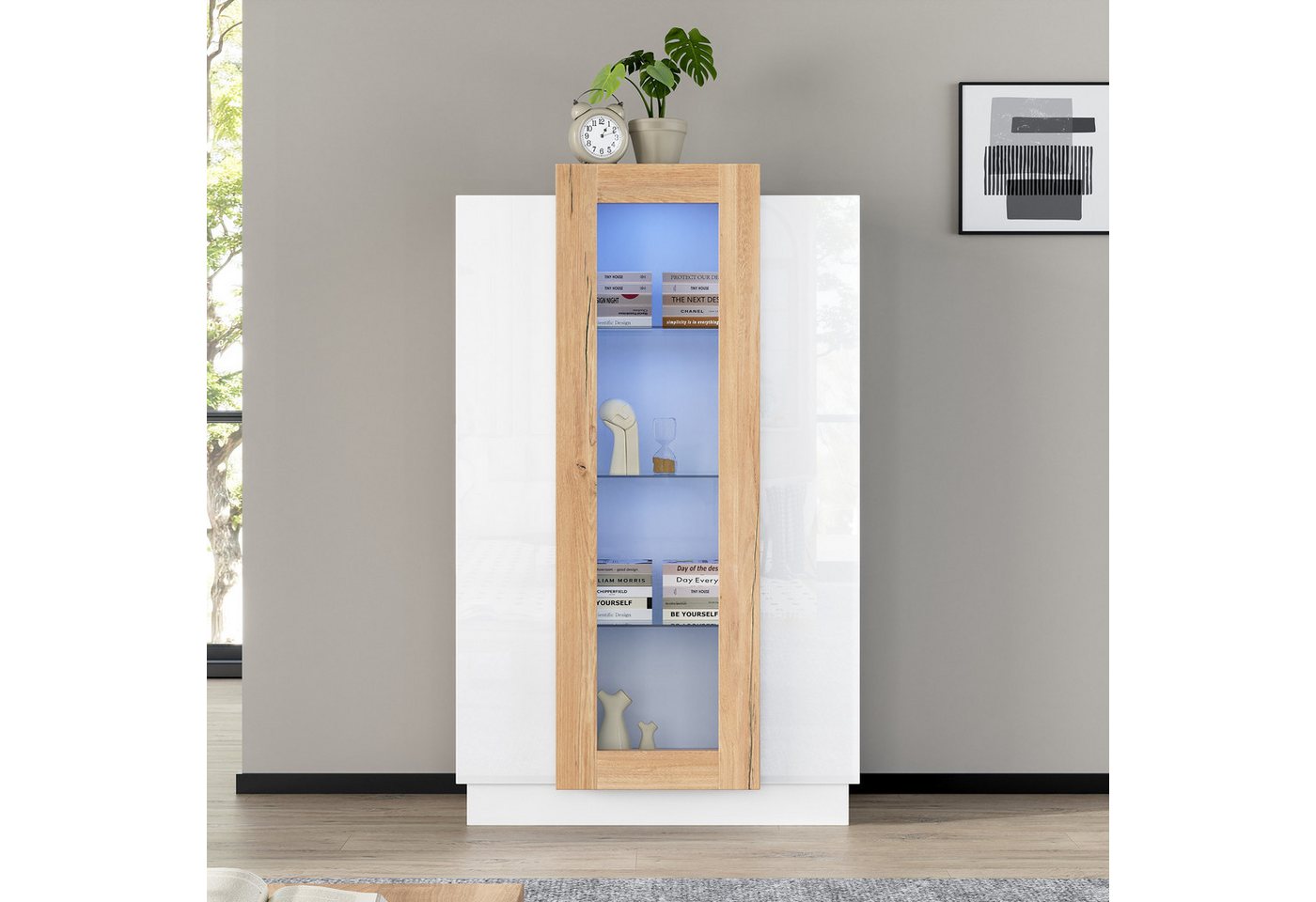KLAM HOME Vitrine 74*40*120cm Wohnzimmerschrank mit 3 Türen, transparente Türen (Vitrine hochglanz mit LED, Bücherschrank mit Glasablagen und Schublade) Standvitrine mit einer Höhe von 120cm von KLAM HOME