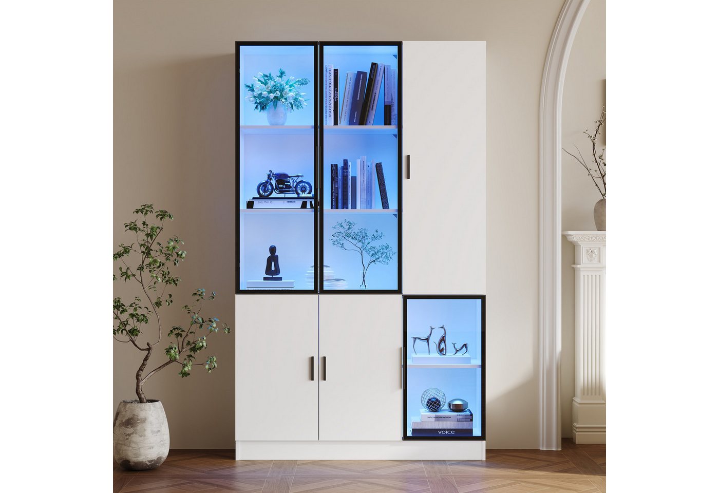 KLAM HOME Vitrine Glasvitrine Glasschrank Tür, Vitrinenschrank mit LED Lichtern (120*35*200cm vitrine, Schrank mit Glastür mit Aluminiumrahmen) MultiStorage Bücherregal für Sammlung Schlafzimmer Wohnzimmer Büro von KLAM HOME