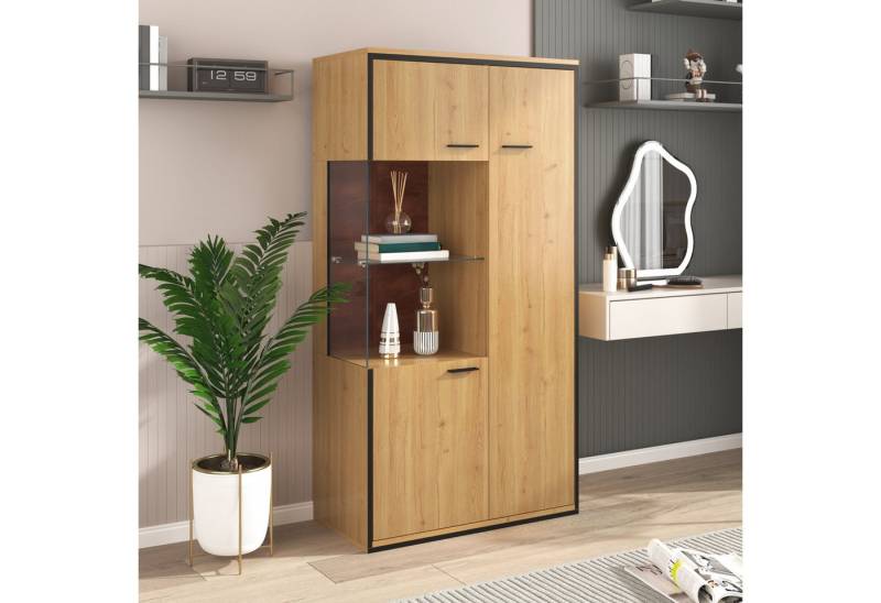 KLAM HOME Vitrine Hochschrank Anrichte mit 15-farbiger LED-Beleuchtung 150Hx78Bx40Tcm (Stauraumvitrine in moderner Rahmenoptik) für Wohnzimmer, Schlafzimmer oder Esszimmer von KLAM HOME