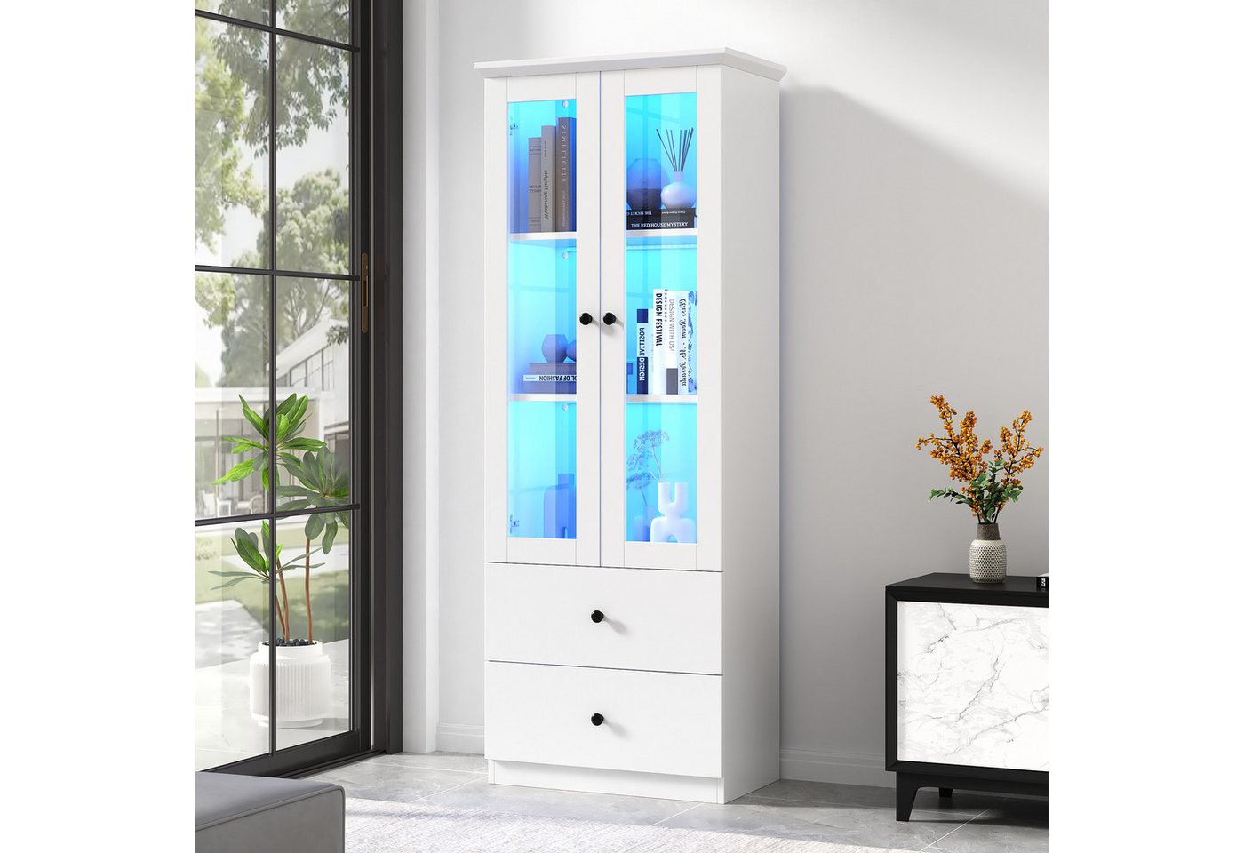 KLAM HOME Vitrine Moderne LED-Vitrine weiß matt 165 cm hoch mit USB-Anschluss (16-Farben-Fernbedienung, Glasvitrine mit 2 Schubladen, MDF-Wohnzimmer) Vertikalvitrine mit verstellbaren Fachböden, Vitrine mit Flügeltüren von KLAM HOME