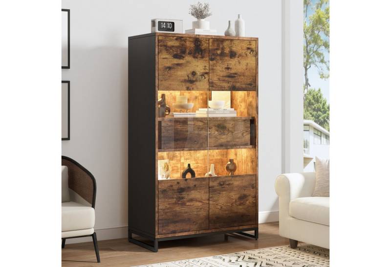 KLAM HOME Vitrine Standvitrine,Vitrinenschränke mit 2 Schubladen, 80*40*138cm (Stauraumvitrine mit Acrylblende, Weinschränke, mit LED-Beleuchtung) Bücherregale mit viel Stauraum, Schwarz + Holzmaserung von KLAM HOME