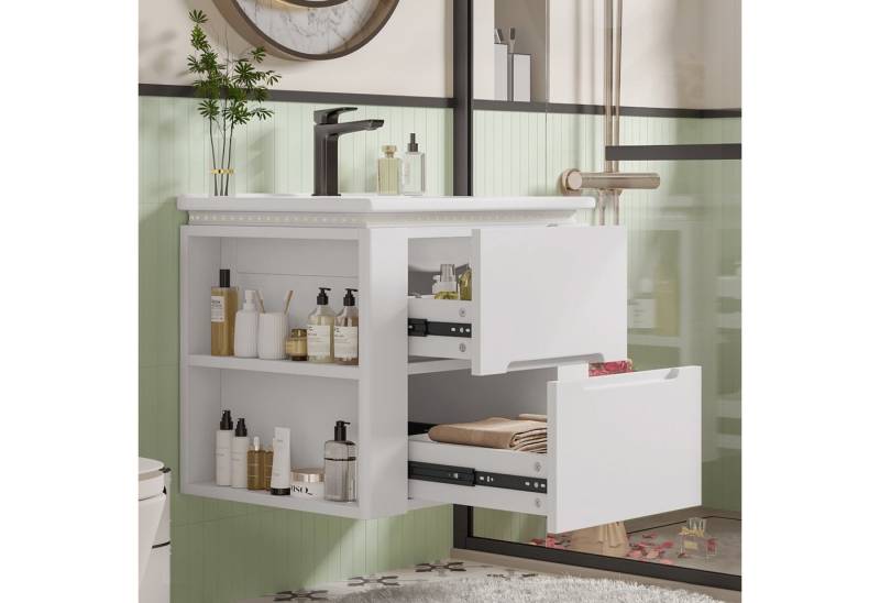 KLAM HOME Waschbeckenschrank 61x46x48.5cm wandhängend Badezimmerschränk, Volllackierung (LED-Radarsensor-Beleuchtung, zwei Schubladen, leise Gleitschienen) Zwei seitliche Ablagen, Waschtisch, integriertes Waschbecken, weiß von KLAM HOME