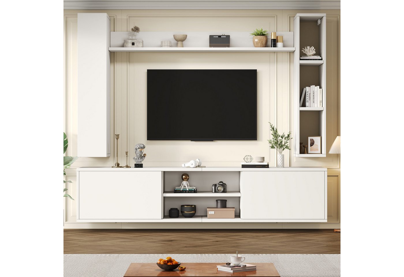 KLAM HOME Wohnwand 180*35*33.5cm TV Wohnwand-set mit Vitrinen, Komplett-Set, 4-St, (Mediawand inkl.TV-Board, Standregal und 2 Wandregal, TV bis 80), TV Wohnzimmermöbel-Set,TV-Schrank, stehend&hängend von KLAM HOME