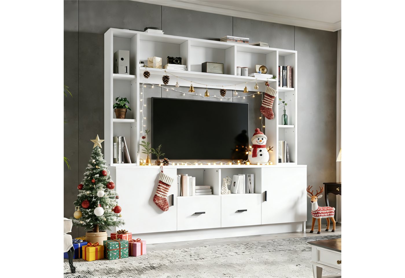 KLAM HOME Wohnwand Moderne Weiße Wohnwand Mit 2 Schränken Und 11 Fächern, (TV Board Mediawand Set Für Fernseher Bis 60 Zoll), Praktische Anbauwand Mit Vitrine Und Großem Stauraum von KLAM HOME