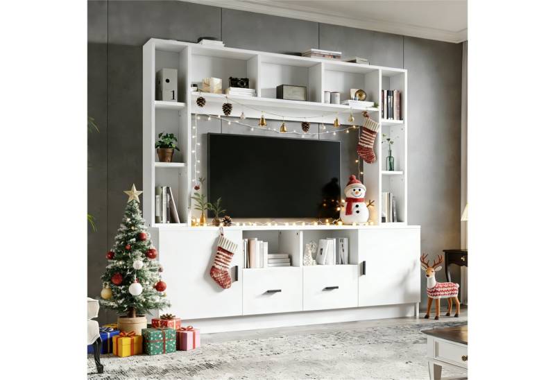 KLAM HOME Wohnwand Moderne Weiße Wohnwand Mit 2 Schränken Und 11 Fächern, (TV Board Mediawand Set Für Fernseher Bis 60 Zoll), Praktische Anbauwand Mit Vitrine Und Großem Stauraum von KLAM HOME