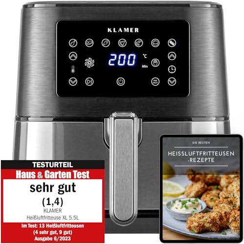 KLAMER Heißluftfritteuse 5,5l XXL, ölfreie Friteuse, 1700W Airfryer mit LED-Touchscreen, digitalem deutschen Rezeptbuch, multifunktionale Mini-Heissluftfrittuese ohne Öl von KLAMER