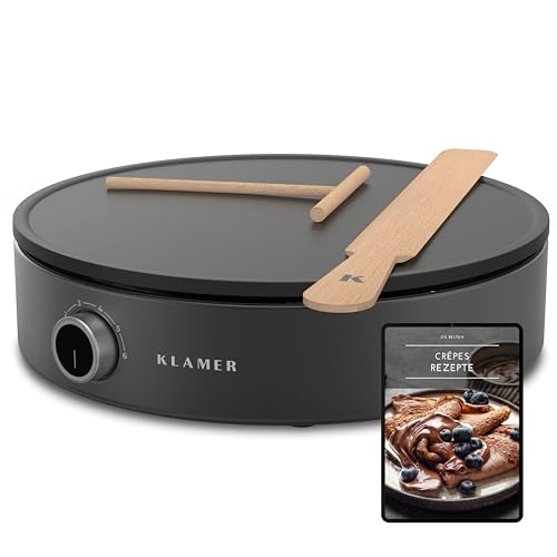 KLAMER Crepes Maker, Große Backfläche mit 33cm Ø, antihaftbeschichtete Platte, inkl. Teigverteiler und Wender aus Holz, Crepes Eisen für Crepes, Pancakes & Tortilla, 1500W von KLAMER