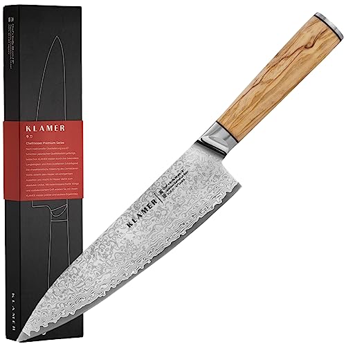 KLAMER Damast Chefmesser 20cm, extra scharfes Küchenmesser, echter japanischer Damaststahl, Fleischmesser von KLAMER