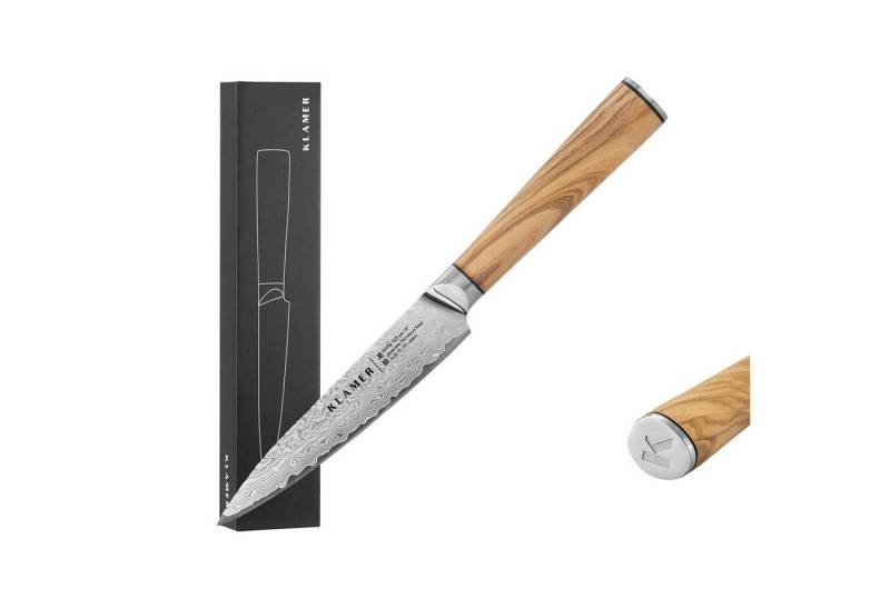 KLAMER Damastmesser Allzweckmesser 12,7cm Olive, scharfes Küchenmesser, Profi Kochmesser …, 67-Lagen Damaststahl, 61 HRC, 13° Schnittwinkel von KLAMER