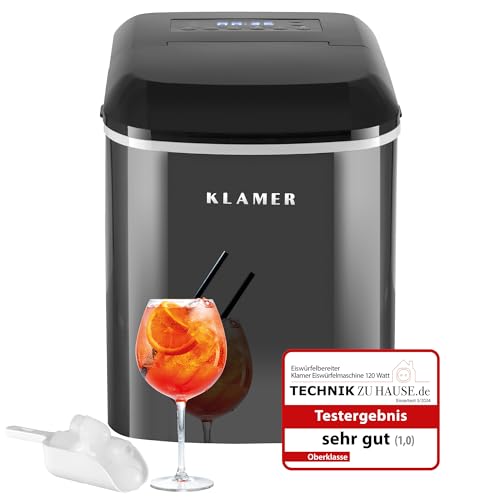 KLAMER Eiswürfelmaschine (2023), 10 Eiswürfel in 7-9 Minuten, 15 kg Eiswürfel pro Tag, 2 Eiswürfelgrößen, 2,1 L Wassertank, 120 W Ice Maker mit Timer, Leiser Eiswürfelbereiter mit Eisschaufel von KLAMER