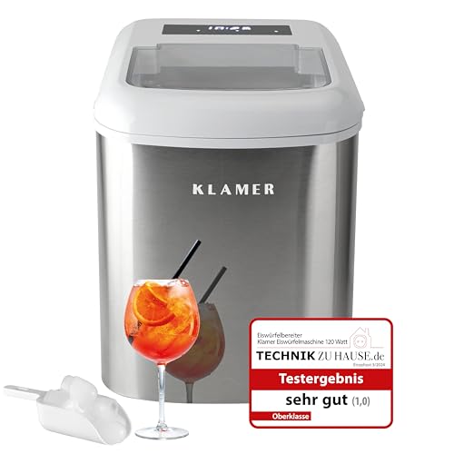 KLAMER Eiswürfelmaschine Weiss, 10 Eiswürfel in 7-9 Minuten, 15 kg Eiswürfel pro Tag, 2 Eiswürfelgrößen, 2,1 L Wassertank, 120 W Ice Maker mit Timer, Leiser Eiswürfelbereiter mit Eisschaufel von KLAMER