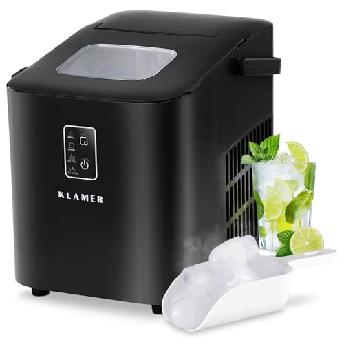 KLAMER Eiswürfelmaschine klein (2025), 8 Eiswürfel in 8 Minuten, 11 kg Eiswürfel pro Tag, 2 Eiswürfelgrößen, 1 L Wassertank, Geräuscharmer Eiswürfelbereiter mit Eisschaufel und Tragegriff von KLAMER
