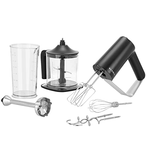 KLAMER Handrührgerät, 500 Watt Handrührer mit Turbostufe, 5 Stufen Handmixer mit Schneebesen, Rührbesen, Knethaken, Pürierstab, Messbecher und Zerkleinerer, aus Edelstahl von KLAMER