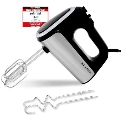 KLAMER Handrührgerät, 600 Watt Handrührer mit Turbostufe, 5 Stufen Handmixer mit Schneebesen und Knethaken aus Edelstahl von KLAMER