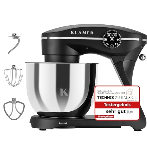 KLAMER Küchenmaschine 1800W, Knetmaschine mit 6 Liter Edelstahl Schüssel, 10 Geschwindigkeitsstufen mit Timer, Rührbesen, Knethaken, Schneebesen und Spritzschutz von KLAMER