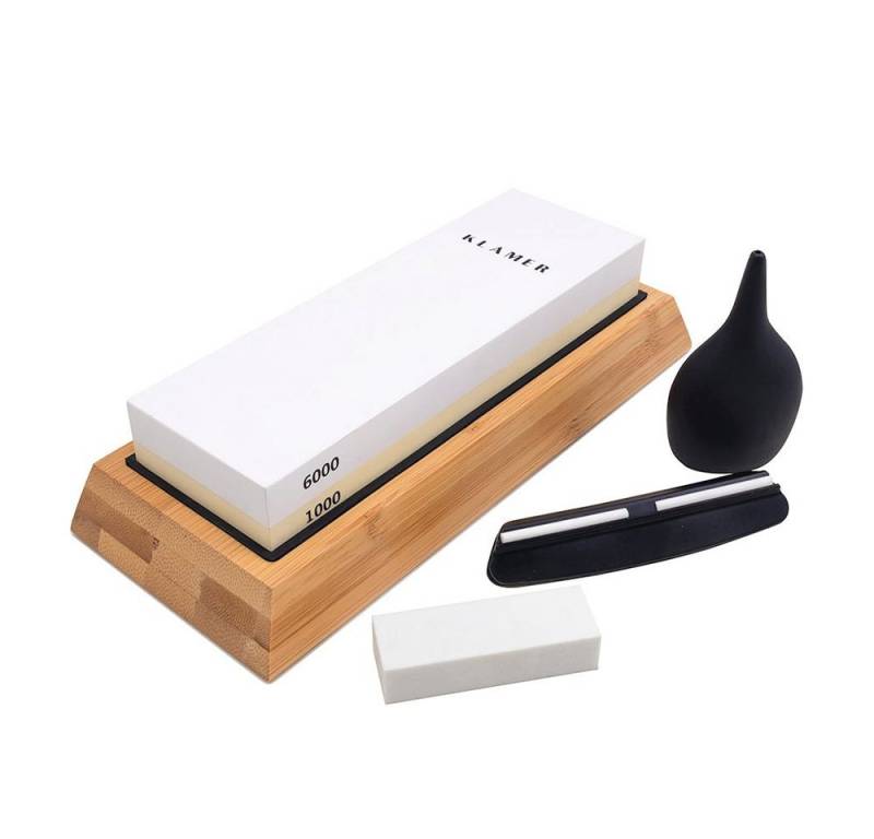KLAMER Schleifstein Set 1000/6000 Körnung Doppelseitiger Messerschärfer Abziehstein Wetzs…, Für alle Messer geeignet, rutschfestem Bambusboden, beidseitig von KLAMER