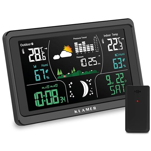 KLAMER Wetterstation Funk mit Außensensor, Digitale Funkwetterstation, Temperaturwarnung, Raumthermometer innen und außen, Wecker, Barometer, RCC Funkuhr, Batteriebetrieb und Netzbetrieb, schwarz von KLAMER