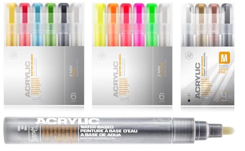 KLAMOTTEN STORE Montana Acryl Marker - Workshop Komplett Set - Stifte auf Wasserbasis 2mm Neon - Metallic - Grundfarben - Nachhaltig von KLAMOTTEN STORE