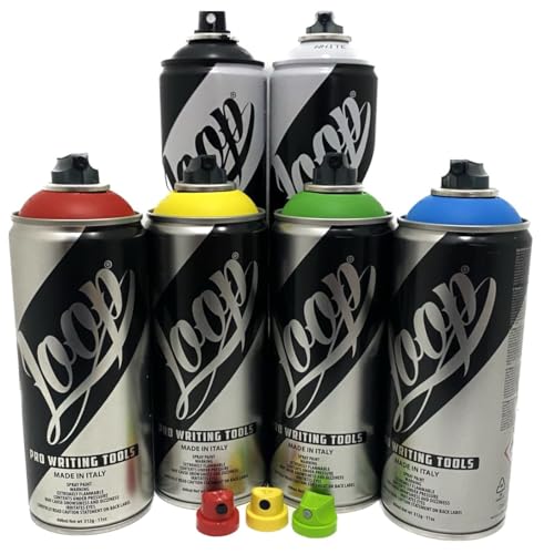 KLAMOTTEN STORE Sprühdosen Loop Grundfarben mit schwarz & weiß - hochdeckendes Farbspray - 6x400ml + Astro Fat Cap von KLAMOTTEN STORE