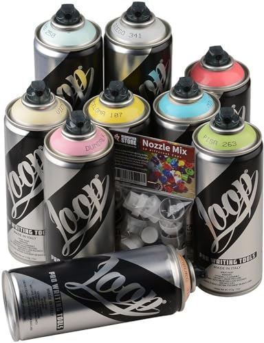 KLAMOTTEN STORE Sprühdosen Loop Colors, Acryl Farbspray Pastell Set - 9 x 400ml + 10x Ersatzsprühköpfe von KLAMOTTEN STORE