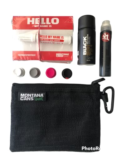 KLAMOTTEN STORE Utility Bag mit 100 Montana Hello My Name is Sticker + Pocket Sprühdose 50ml + Mob Marker 30ml schwarz + und Ersatzcaps von KLAMOTTEN STORE