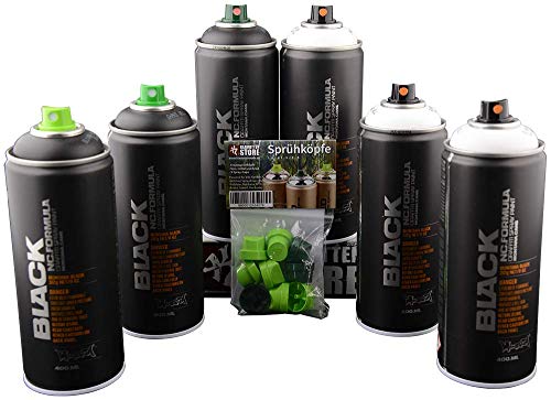 Montana Cans Sprühdosen schwarz weiß Mattlack auf Nitro-Acryl Basis 6 x 400ml hohe Deckkraft + 9 Ersatzsprühköpfe von KLAMOTTEN STORE