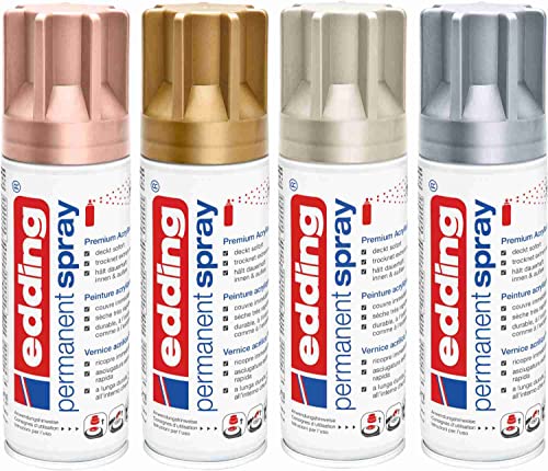 Permanent Spray Metallic Set edding 5200 Acryllack Premium MATT 4 x 200ml / Sprühfarbe für Dekor-Arbeiten, KFZ, Möbel uvm. trocknet schnell, dauerhafter Halt auf Glas, Metall, Holz, Beton von KLAMOTTEN STORE