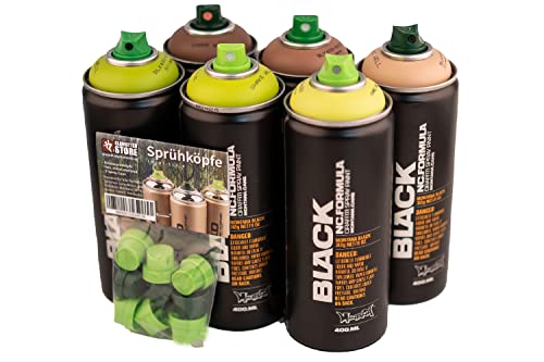 Spraydosen Graffiti-Pistachio Set Sprühflaschen Montana für alle möglichen kreativen Anwendungsbereiche, schnell trocknend, sofort übersprühbar Premium Nitro-Acryllack matt + Ersatzcaps von KLAMOTTEN STORE