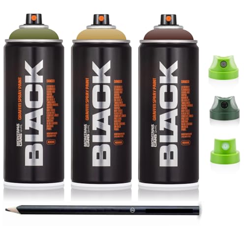 Sprühdosen Set Montana camouflage Tarnfarben + Bleistift und Ersatz-Sprühköpfe - verschiedener Strichbreiten, hochdeckende Mattfarben - zuverlässig - high-pressure von KLAMOTTEN STORE