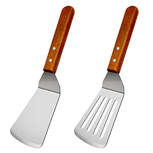 KLAQQED 2-teiliges Metallspatel-Set, Metallspatel für Gusseisen-Pfanne, Kochutensilien, Fisch-Ei, Grillspachtel, Edelstahl, Schlitzwender, kleiner Metallspatel, Pfannenwender mit Holzgriff von KLAQQED