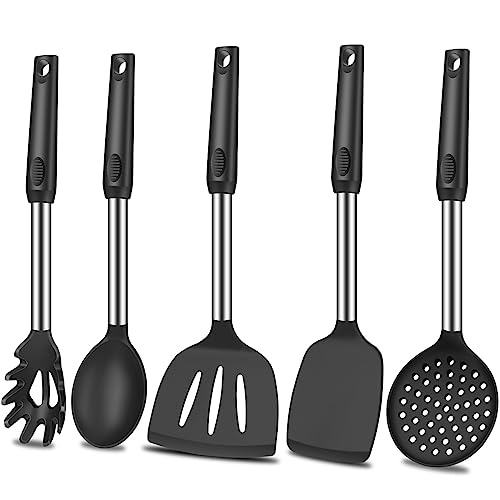 KLAQQED 5Pcs Silicone Spatula Heat Resistant Long Large Spatulas Set for Nonstick Cookware, Rubber Pancake Fish Turner Spatula for Kitchen Use Silicone Spatula Cooking Kitchen Utensils Set Black von KLAQQED