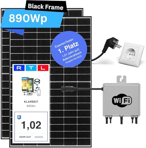 Balkon Solaranlage 800w komplett - KLARBEIT Balkonkraftwerk Set mit 2x Full Black Modul 415W I 800W Wechselrichter I 10m Schuko I Balkonkraftwerk 800w komplett Steckdose I Photovoltaik Komplettanlage von KLARBEIT