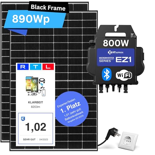 Balkonkraftwerk 800w komplett Steckdose - APSystems Balkonkraftwerk Set mit 2x Solarpanel 415w I 800W Wechselrichter I 5m Schuko I Balkon Solaranlage 800w komplett I Photovoltaik Komplettanlage von KLARBEIT