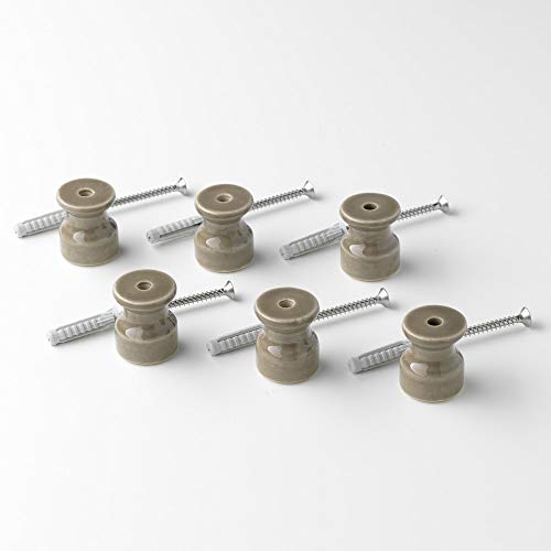 Klartext Isolatoren BELLE ÉPOQUE im Vintage-Stil mit Textilgeflecht aus hochwertigem handwerklichem Porzellan in Taupe glänzend Ø20mm, 6 Stück von KLARTEXT