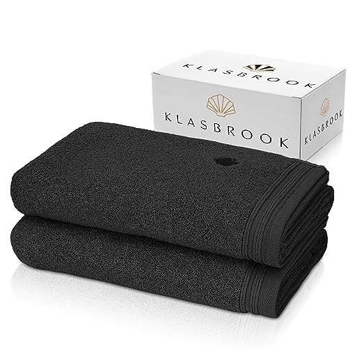 KLASBROOK® Linnea 2 teiliges Luxus Handtücher Set Schwarz, extra flauschig und saugfähig aus 100% Baumwolle Oeko-TEX 100 Zertifiziert mit Aufhänger, 2 Badetücher 70x140 von KLASBROOK