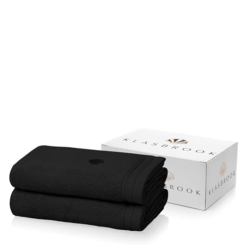 KLASBROOK® Linnea 2 teiliges Luxus Handtücher Set Schwarz, extra flauschig und saugfähig aus 100% Baumwolle Oeko-TEX 100 Zertifiziert mit Aufhänger, 2 Handtücher 50x100 von KLASBROOK