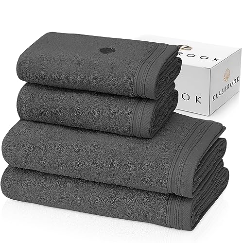 KLASBROOK® Linnea 4 teiliges Luxus Handtücher Set Anthrazit, extra flauschig und saugfähig aus 100% Baumwolle Oeko-TEX 100 Zertifiziert mit Aufhänger, 2 Handtücher 50x100 + 2 Badetücher 70x140 von KLASBROOK