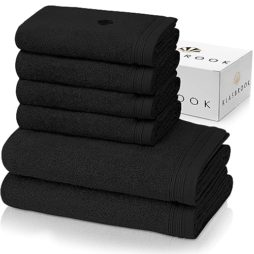 KLASBROOK® Linnea 6 teiliges Luxus Handtücher Set Schwarz, extra flauschig und saugfähig aus 100% Baumwolle Oeko-TEX 100 Zertifiziert mit Aufhänger, 4 Handtücher 50x100 + 2 Badetücher 70x140 von KLASBROOK
