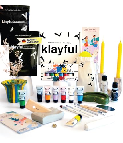 Klayful - Ton Töpferset für Anfänger | Lufttrocknendes DIY Set für Erwachsene | 3kg Ton, Werkzeuge, Acrylfarben, Pinsel, Dichtmittel, Anleitung (Klassische Töne) von KLAYFUL