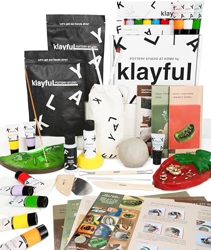 Klayful-Töpferset für Anfänger | Lufttrocknendes DIY Set für Erwachsene | 3kg of ton,Werkzeuge,Acrylfarben,Pinsel, Dichtmittel,Anleitung (3 kg Ton Weiß – Perlglanzfarben) von KLAYFUL