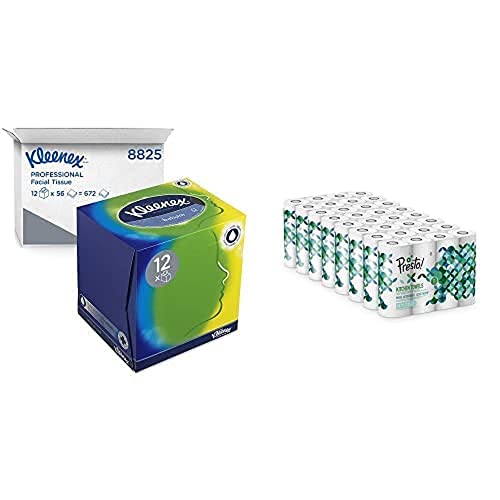 Kleenex Balsam Taschentücher Boxen, 3-lagig, 12 Packungen x 56 Kosmetiktücher, Weiß, 8825 & Amazon-Marke: Presto! TAD Küchenrollen, extra saugstark, 32 Rollen (32 x 51 2-lagige Blätter) von KLEENEX