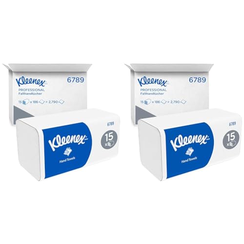 Kleenex Papierhandtücher mit Interfold Faltung 6789–2-lagige Papiertücher mit V-Faltung–30 Packungen x 186 Handtücher (Total 2790 Falthandtücher), weich, komfortabel, ultra-absorbierend und reißfest von KLEENEX