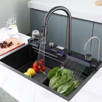 Küchenspüle aus Edelstahl (ss 304) mit integriertem Smart Rainfall-Wasserhahn mit Digitalanzeige (75 x 46 x 22 cm) - Schwarz - Kleenmac von KLEENMAC