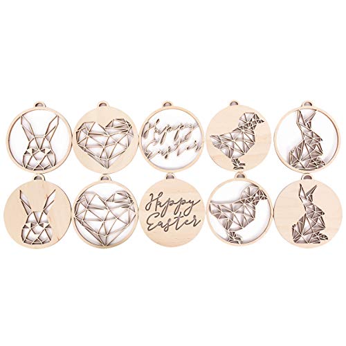 KLEINLAUT Osteranhänger im Origami-Stil aus Holz - 10 Stück im Set - Happy Easter, Hasenkopf, sitzender Hase, Küken, Herzen von KLEINLAUT