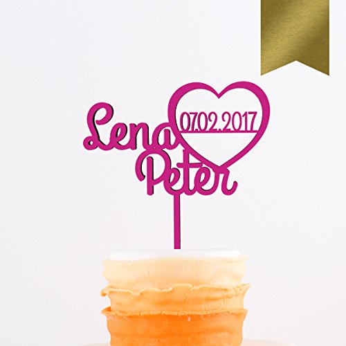 KLEINLAUT individueller Caketopper zur Hochzeit - Herz mit Namen und Datum - 15cm breit - Wähle eine Farbe - Gold von KLEINLAUT