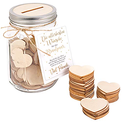Kleinlaut Gästebuch für z.B. Hochzeiten - Mason Jar Glas 1000 ml - inklusive 50 x Holzherzen - außergewöhnliche Alternative zum traditionellen Gästebuch von KLEINLAUT