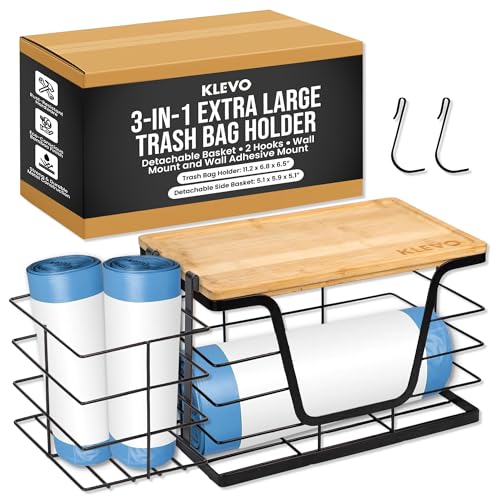 KLEVO 3-in-1 extra großer Müllbeutelhalter mit abnehmbarem Korb, 2 Haken, Wandhalterung und Wandkleberhalterung, idealer Müllbeutelspender für Speisekammer-Organisation, Waschküchen-Organisation und von KLEVO