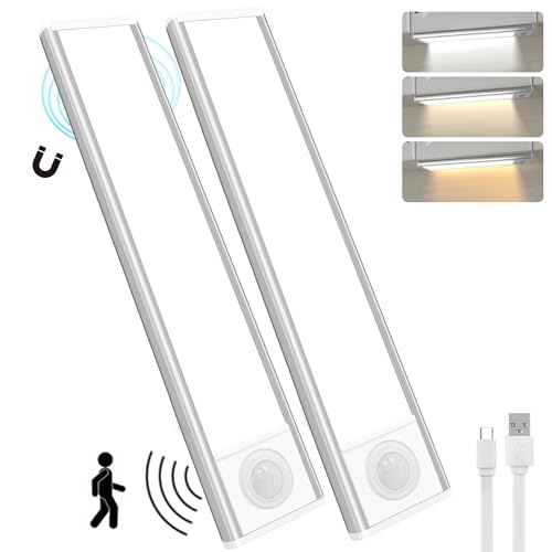 KLGFI Unterbauleuchte Küche LED, Schrankbeleuchtung Mit Bewegungsmelder 3 Farbmodi Dimmbar, USB Wiederaufladbar Schranklicht Für Kleiderschrank, Badezimmer, Treppe, Einfassung-20cm (2er-Pack) von KLGFI