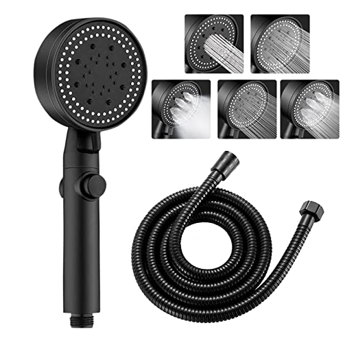 KLGFI Wassersparender Duschkopf, Duschkopf mit Wasserstop, 5 Modi Sparduschkopf Schwarz, 9 cm Durchmesser Hochdruck Duschkopf, Handbrause für Badezimmer (Schwarz, Mit Schlauch) von KLGFI